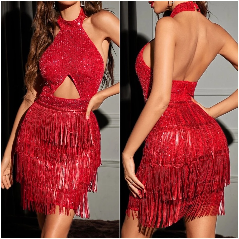 Luxe champagne Sequin Fringe Sexy Bodycon Evening Party halter Dress - Picture 4 of 8